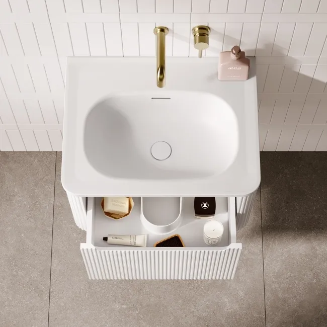 Sorrento Fluted Coastal White Wall Hung Drawer Vanity with Matt White Basin 600mm