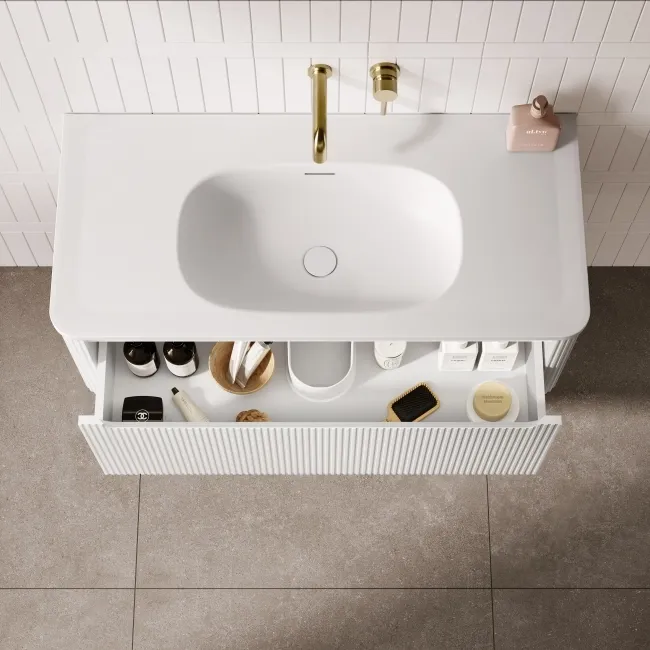 Sorrento Fluted Coastal White Wall Hung Drawer Vanity with Matt White Basin 1000mm