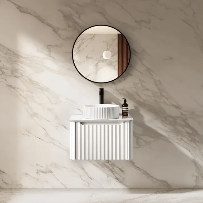 Sorrento Fluted Coastal White Wall Hung Drawer Vanity with Marble Top & Nevis Basin 600mm