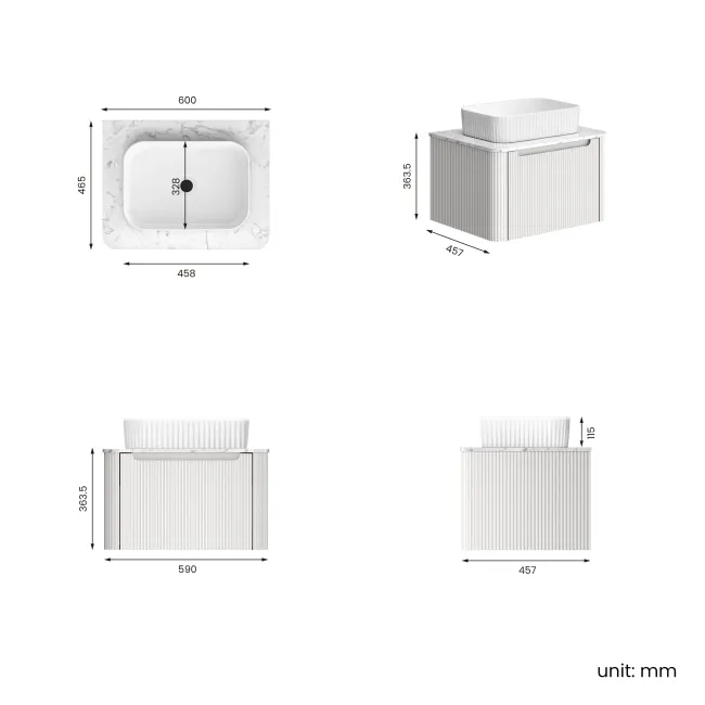 Sorrento Fluted Coastal White Wall Hung Drawer Vanity with Marble Top & Reno Basin 600mm