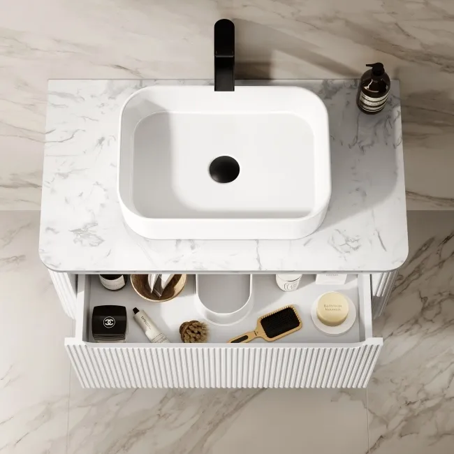 Sorrento Fluted Coastal White Wall Hung Drawer Vanity with Marble Top & Marin Basin 800mm
