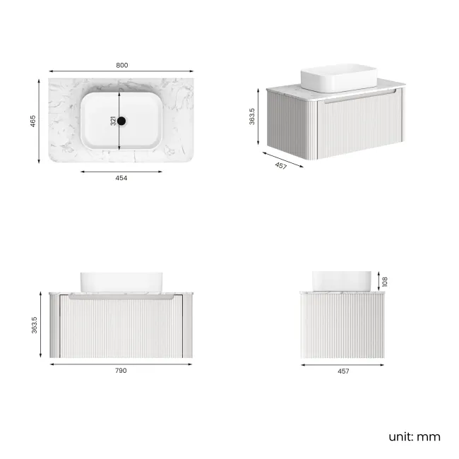 Sorrento Fluted Coastal White Wall Hung Drawer Vanity with Marble Top & Marin Basin 800mm