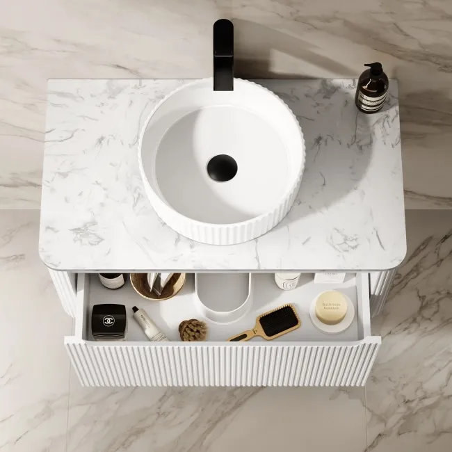 Sorrento Fluted Coastal White Wall Hung Drawer Vanity with Marble Top & Nevis Basin 800mm