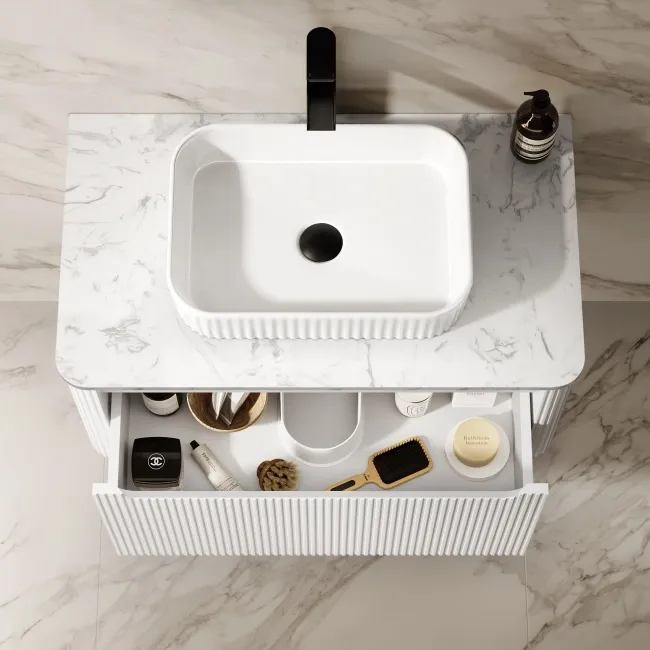 Sorrento Fluted Coastal White Wall Hung Drawer Vanity with Marble Top & Reno Basin 800mm