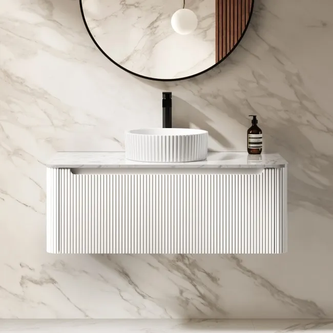 Sorrento Fluted Coastal White Wall Hung Drawer Vanity with Marble Top & Nevis Basin 1000mm