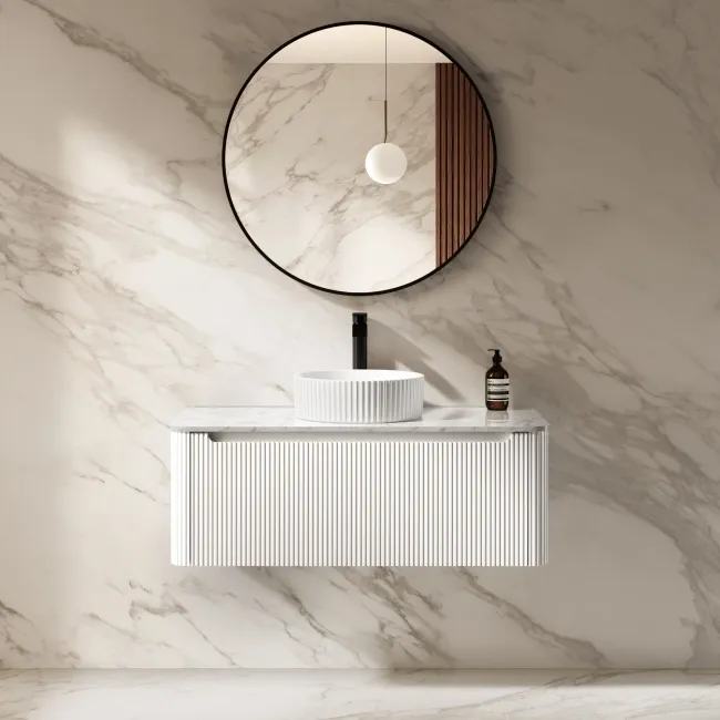 Sorrento Fluted Coastal White Wall Hung Drawer Vanity with Marble Top & Nevis Basin 1000mm