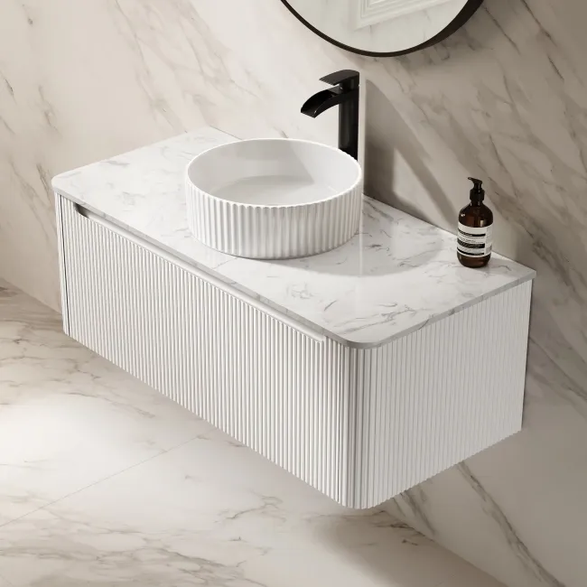 Sorrento Fluted Coastal White Wall Hung Drawer Vanity with Marble Top & Nevis Basin 1000mm