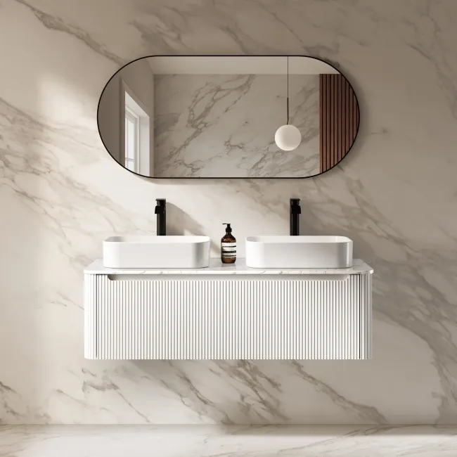Sorrento Fluted Coastal White Double Wall Hung Drawer Vanity with Marble Top & Marin Basin 1200mm