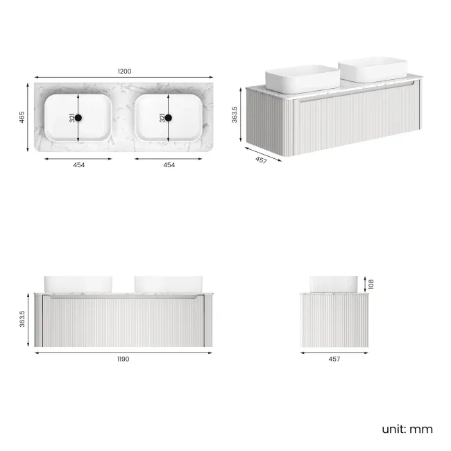 Sorrento Fluted Coastal White Double Wall Hung Drawer Vanity with Marble Top & Marin Basin 1200mm