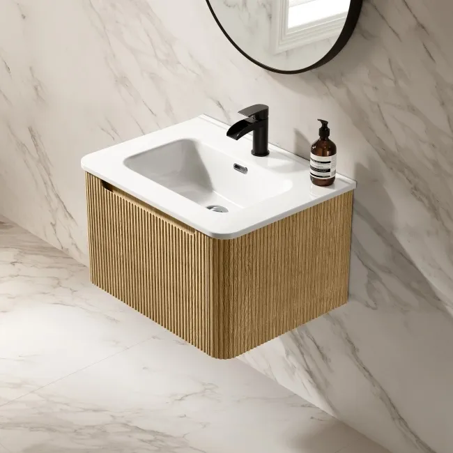 Sorrento Fluted Country Oak Wall Hung Basin Drawer Vanity 600mm