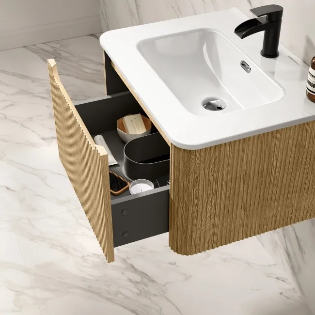 Sorrento Fluted Country Oak Wall Hung Basin Drawer Vanity 600mm