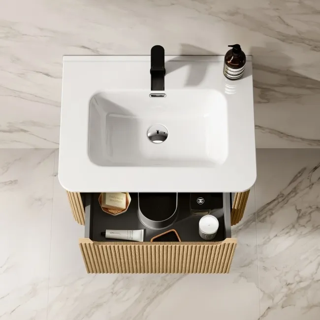 Sorrento Fluted Country Oak Wall Hung Basin Drawer Vanity 600mm