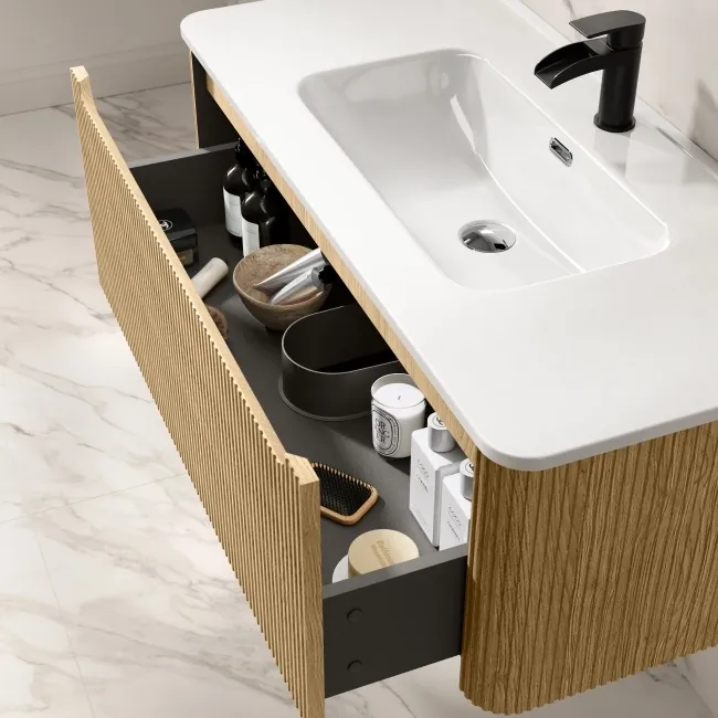 Sorrento Fluted Country Oak Wall Hung Basin Drawer Vanity 1000mm