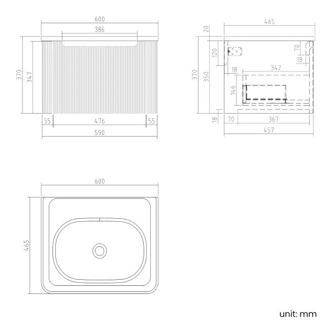 Sorrento Fluted Country Oak Wall Hung Drawer Vanity with Matt White Basin 600mm