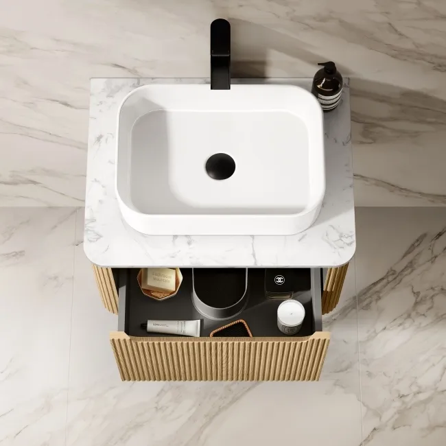 Sorrento Fluted Country Oak Wall Hung Drawer Vanity with Marble Top & Marin Basin 600mm