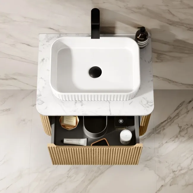 Sorrento Fluted Country Oak Wall Hung Drawer Vanity with Marble Top & Reno Basin 600mm