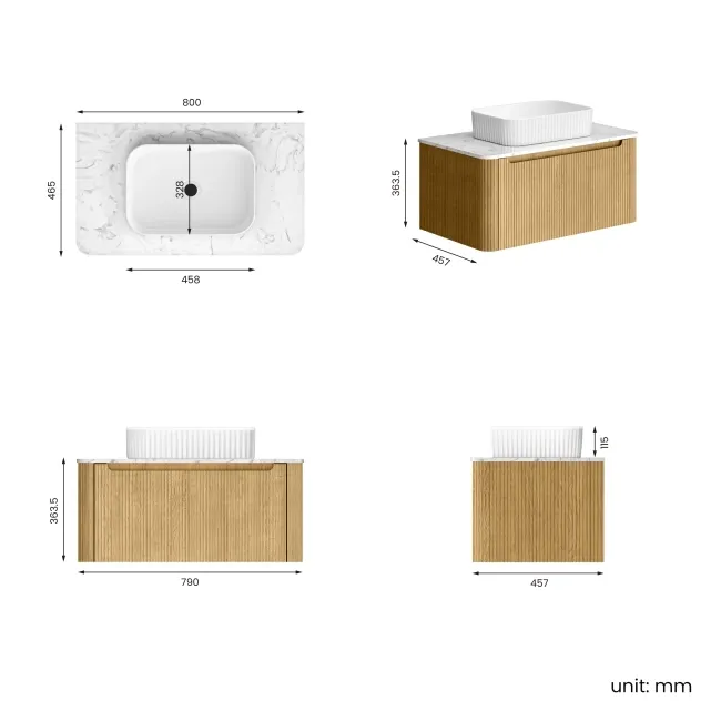 Sorrento Fluted Country Oak Wall Hung Drawer Vanity with Marble Top & Reno Basin 800mm