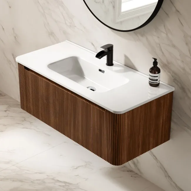 Sorrento Fluted Black Walnut Wall Hung Basin Drawer Vanity 1000mm