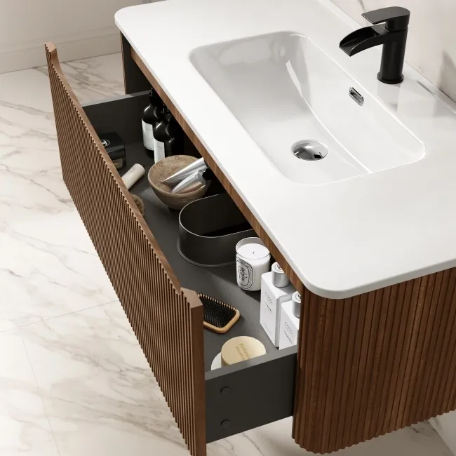 Sorrento Fluted Black Walnut Wall Hung Basin Drawer Vanity 1000mm