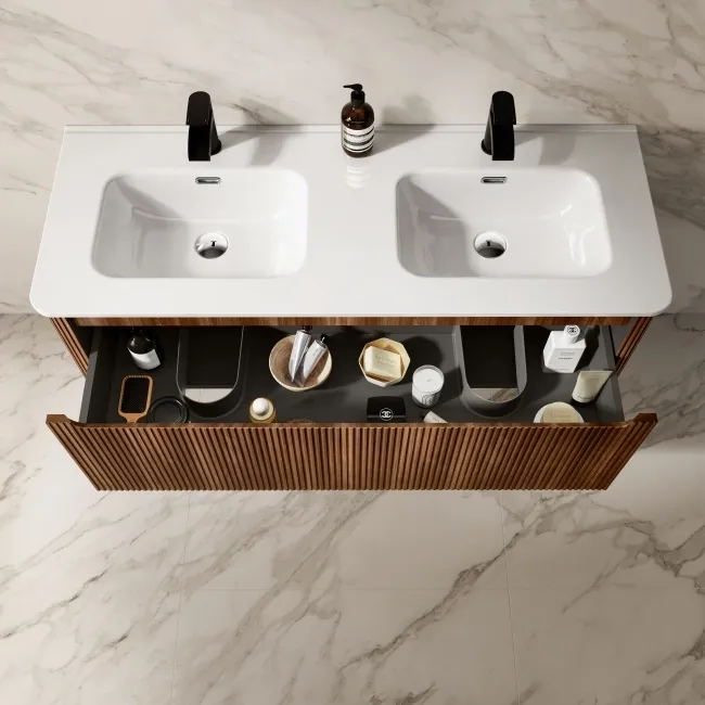 Sorrento Fluted Black Walnut Wall Hung Double Basin Drawer Vanity 1200mm