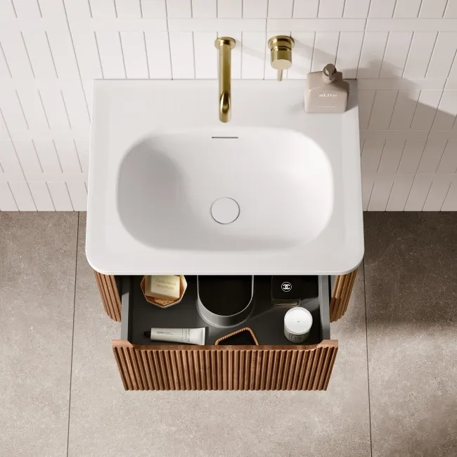 Sorrento Fluted Black Walnut Wall Hung Drawer Vanity with Matt White Basin 600mm