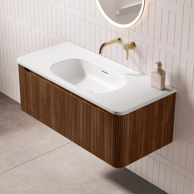 Sorrento Fluted Black Walnut Wall Hung Drawer Vanity with Matt White Basin 1000mm