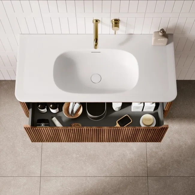 Sorrento Fluted Black Walnut Wall Hung Drawer Vanity with Matt White Basin 1000mm