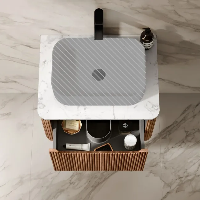 Sorrento Fluted Black Walnut Wall Hung Drawer Vanity with Marble Top 600mm - Excludes Counter Top Basin