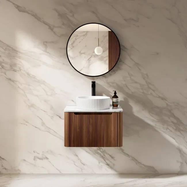 Sorrento Fluted Black Walnut Wall Hung Drawer Vanity with Marble Top & Nevis Basin 600mm