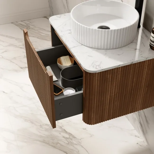 Sorrento Fluted Black Walnut Wall Hung Drawer Vanity with Marble Top & Nevis Basin 600mm