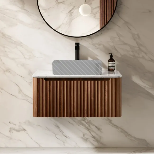 Sorrento Fluted Black Walnut Wall Hung Drawer Vanity with Marble Top 800mm - Excludes Counter Top Basin