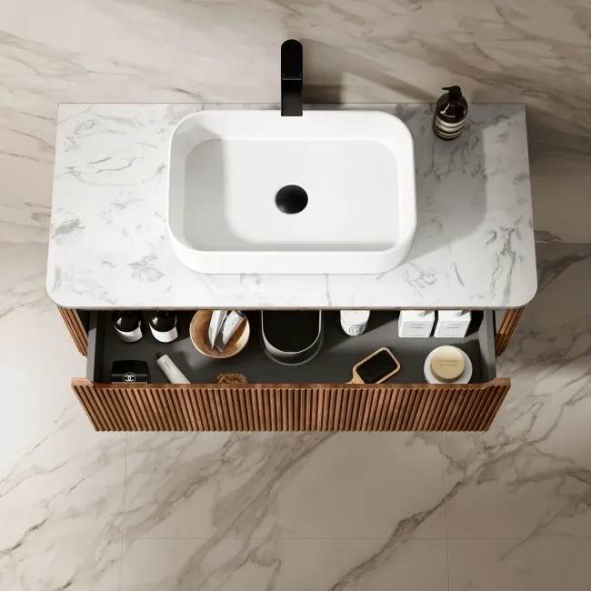 Sorrento Fluted Black Walnut Wall Hung Drawer Vanity with Marble Top & Marin Basin 1000mm