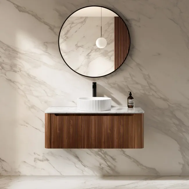 Sorrento Fluted Black Walnut Wall Hung Drawer Vanity with Marble Top & Nevis Basin 1000mm
