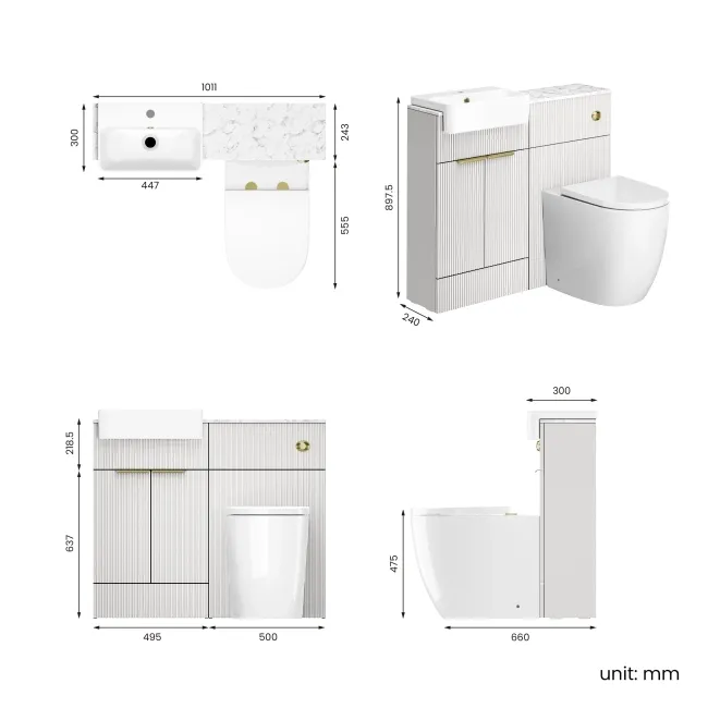 Sicily Fluted Coastal White Combination Vanity Basin with Marble Top & Utah Comfort Height Toilet 1000mm - Brushed Brass Accents
