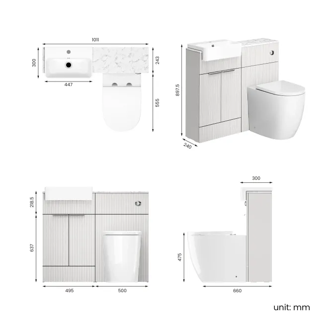 Sicily Fluted Coastal White Combination Vanity Basin with Marble Top & Utah Comfort Height Toilet 1000mm - Chrome Handles