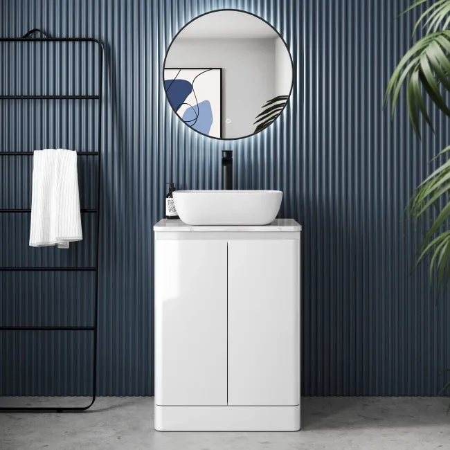 Corsica Gloss White Vanity with Marble Top & Curved Basin 600mm
