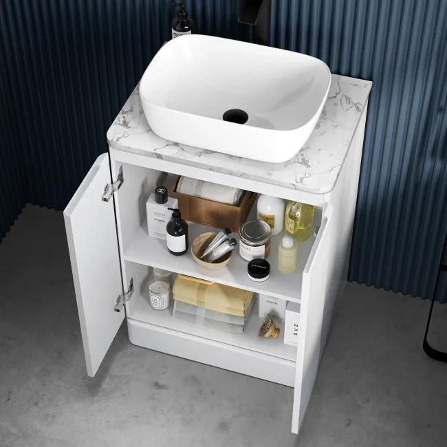 Corsica Gloss White Vanity with Marble Top & Curved Basin 600mm