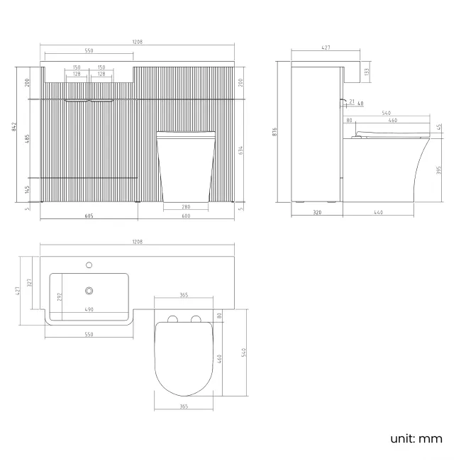 Sicily Fluted Black Walnut Combination Vanity Basin and Tucson Toilet 1200mm - Black Accents - Left Handed
