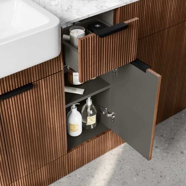 Sicily Fluted Black Walnut Combination Vanity Basin with Marble Top 1500mm (Excludes Toilet) - Black Accents