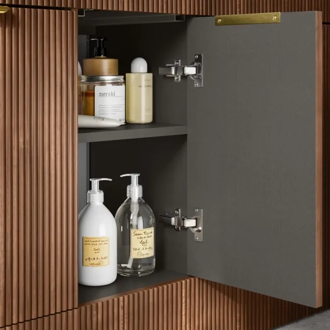 Sicily Fluted Black Walnut Side Cabinet Unit 300mm - Brushed Brass Accents