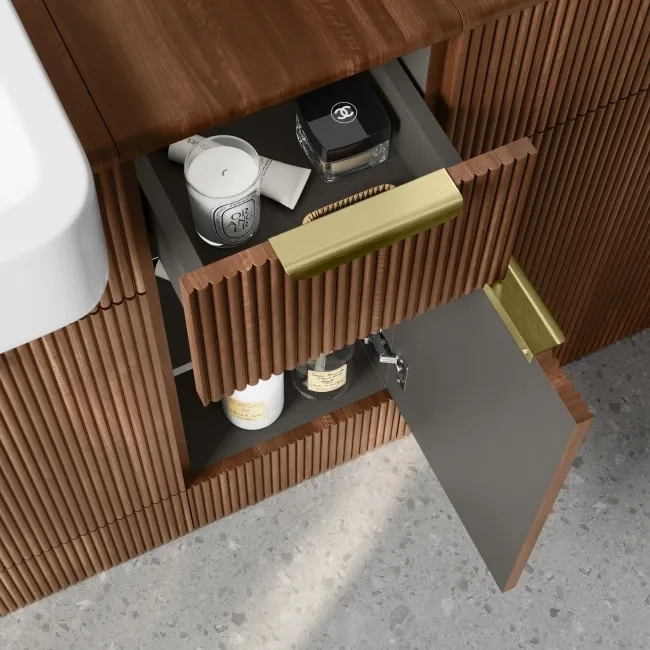 Sicily Fluted Black Walnut Side Cabinet Unit 300mm - Brushed Brass Accents