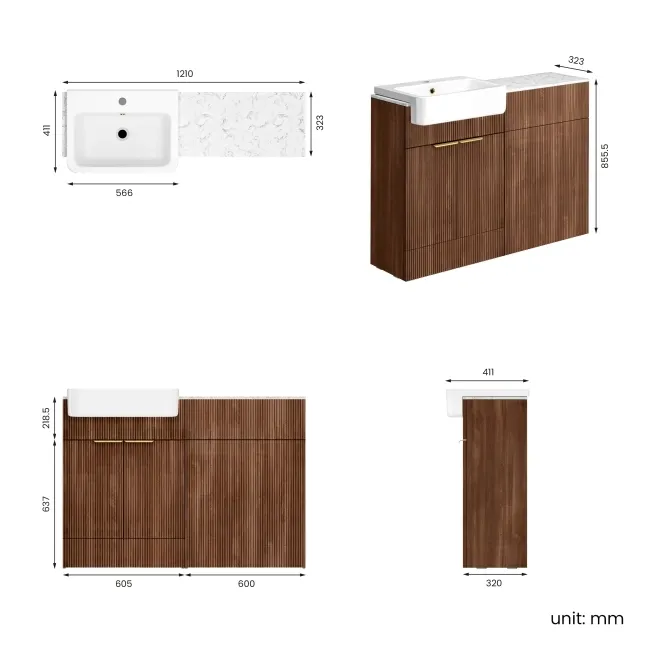 Sicily Fluted Black Walnut Vanity with Marble Top & Back To Wall Unit 1200mm (Excludes Toilet) - Brushed Brass Accents