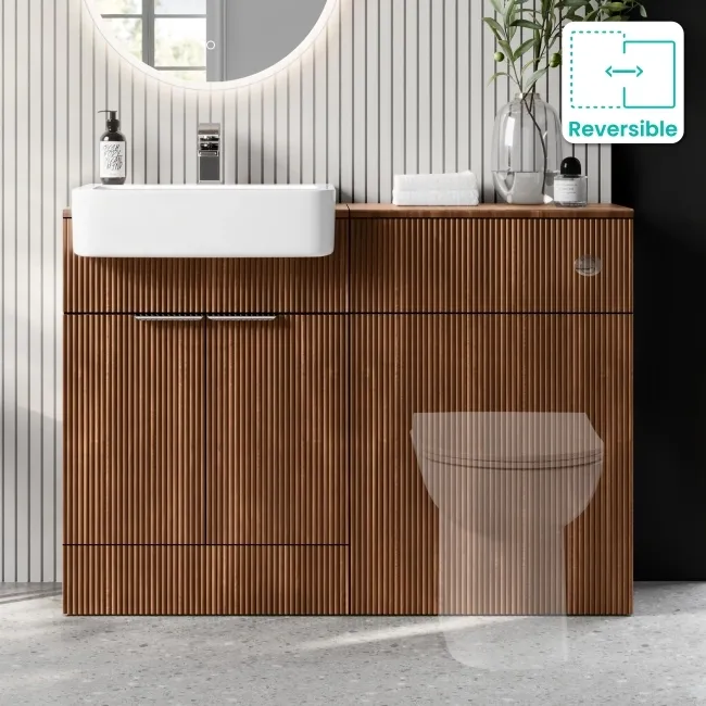 Sicily Fluted Black Walnut Basin Vanity and Back To Wall Toilet Unit 1200mm (Excludes Toilet) - Chrome Handles
