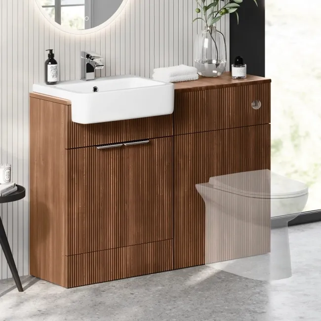 Sicily Fluted Black Walnut Basin Vanity and Back To Wall Toilet Unit 1200mm (Excludes Toilet) - Chrome Handles