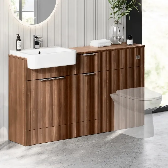 Sicily Fluted Black Walnut Combination Vanity Basin 1500mm (Excludes Toilet) - Chrome Handles