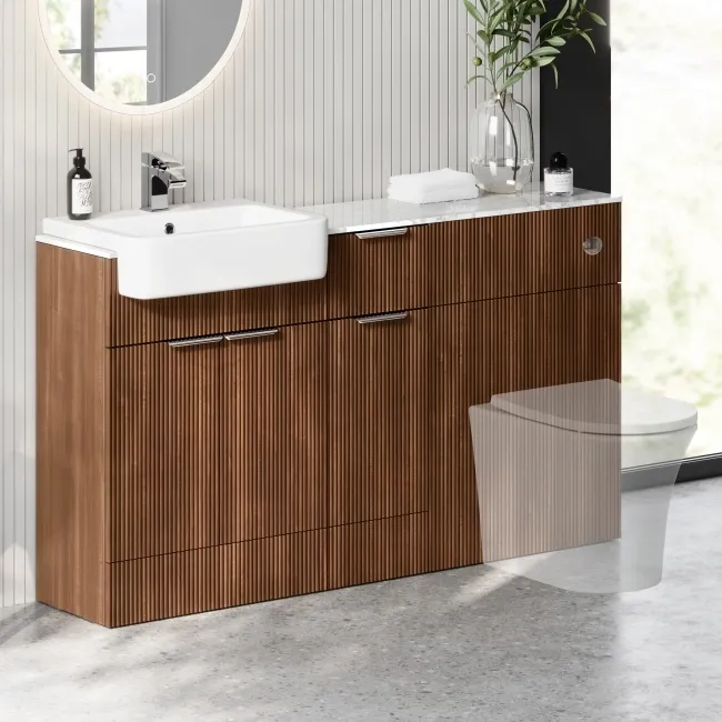 Sicily Fluted Black Walnut Combination Vanity Basin with Marble Top 1500mm (Excludes Toilet) - Chrome Handles