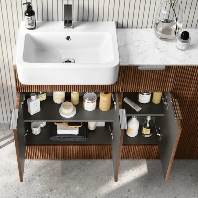 Sicily Fluted Black Walnut Combination Vanity Basin with Marble Top & Houston Toilet 1500mm - Chrome Handles