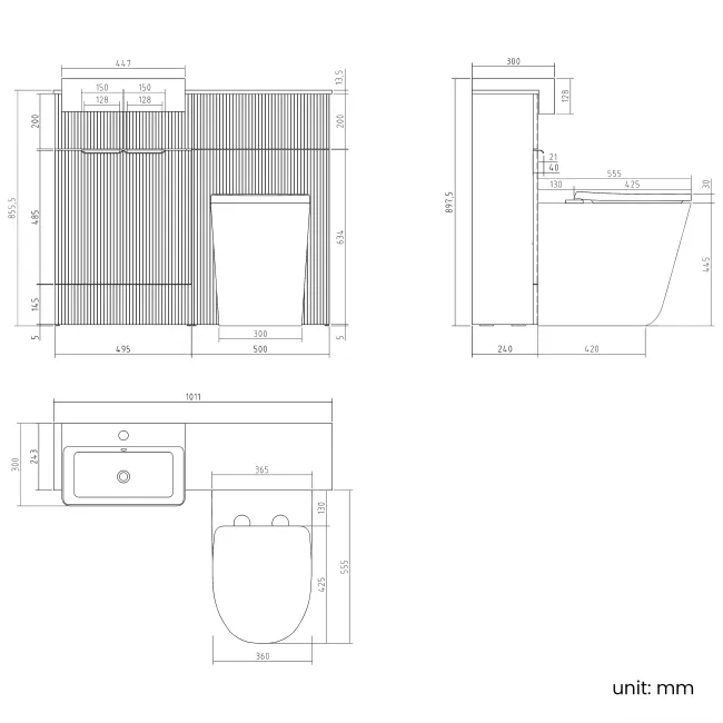 Sicily Fluted Black Walnut Combination Vanity Basin with Marble Top & Utah Comfort Height Toilet 1000mm - Black Accents