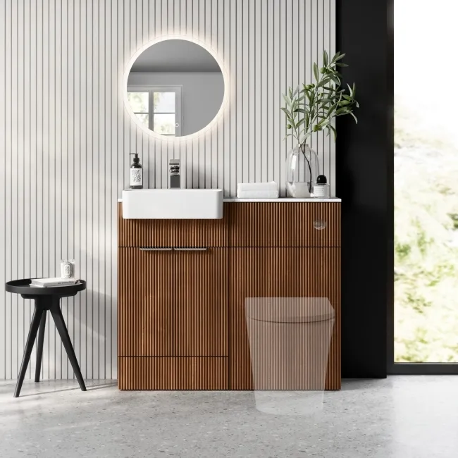 Sicily Fluted Black Walnut Basin Vanity with Marble Top & Back To Wall Unit 1000mm (Excludes Toilet) - Chrome Handles