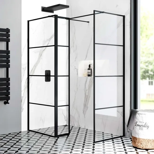 Munich Matt Black Grid 8mm Walk In Shower Enclosure 800mm & 800mm Glass with Pivotal Return Panel